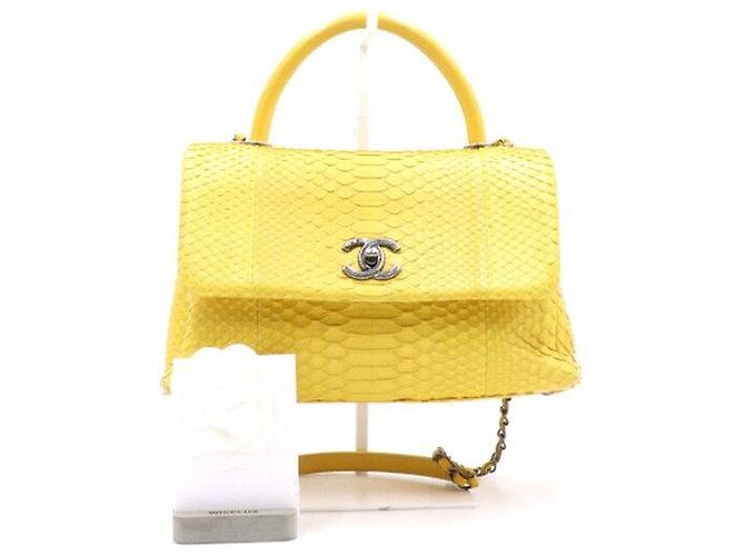 Chanel Python Coco Handle Vintage Silver Medium Tote Bag with Chain Shoulder Bag Yellow