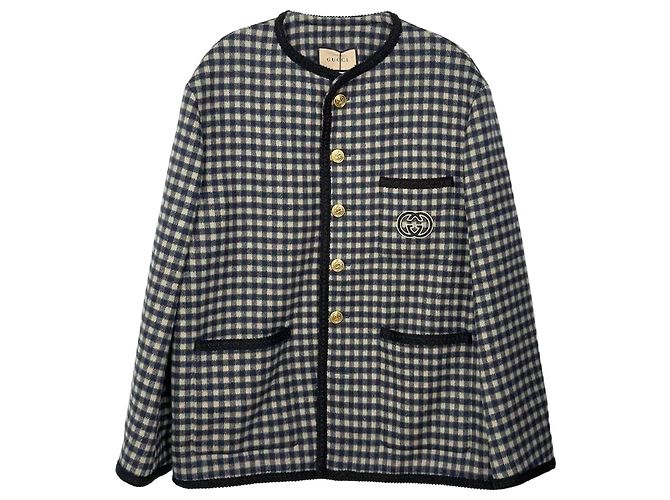 Gucci Interlocking Wool Gingham Jacket Blue