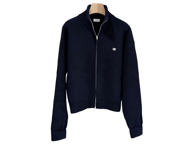 Céline Triomphe Wool Knit Sweater Zip Jacket Blue