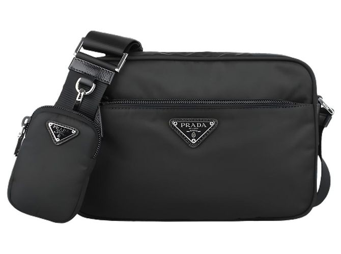 Prada Borsa a tracolla messenger in nylon con logo triangolare Nero