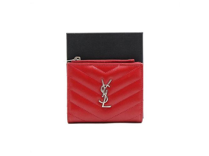 Saint Laurent Red Leather Monogram Zip Wallet