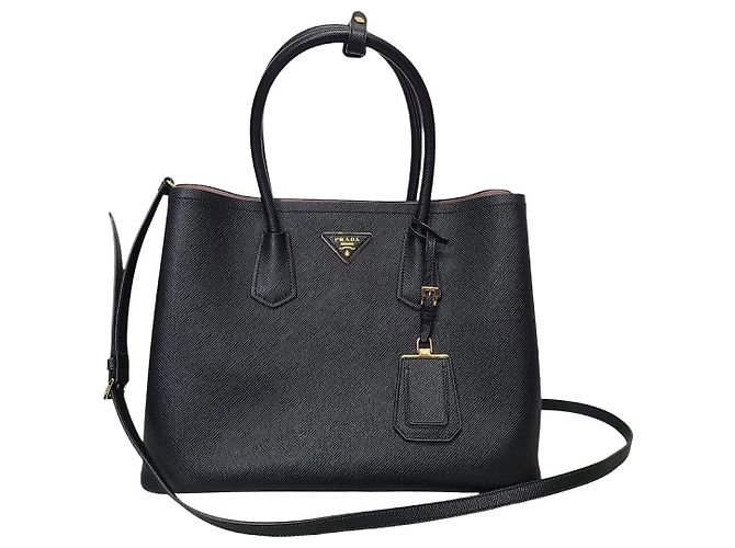 Prada Black Saffiano Gold-Plated Quilted Double Large Noir