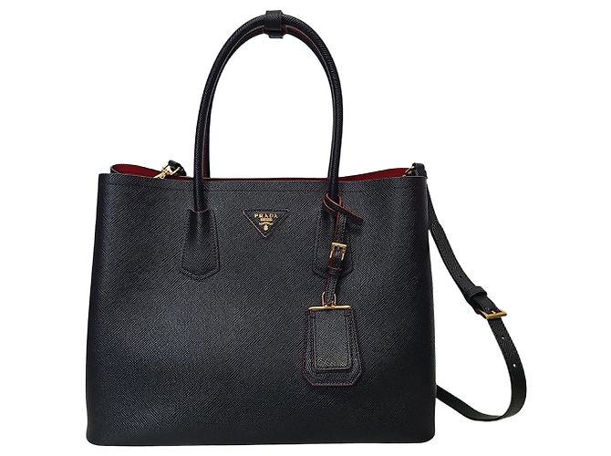 Prada Borsa a spalla double tote Medium in Saffiano nero e oro