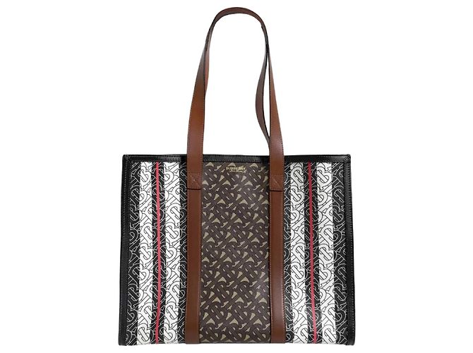 Burberry Saco Shopper em Lona e Couro Monogram TB Stripe Castanho Marrom