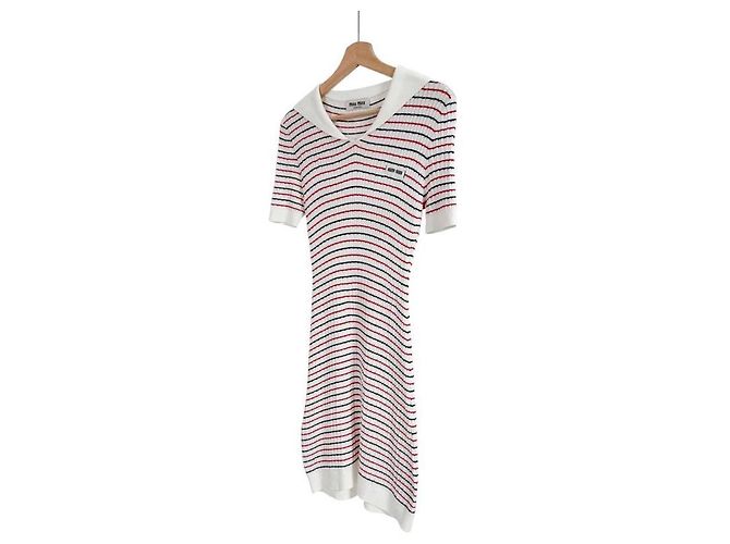 Miu Miu Vestido midi de punto a rayas de algodón para mujer Blanco