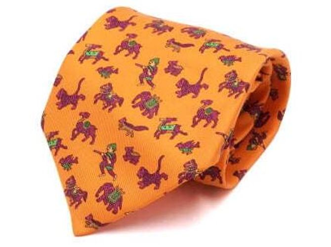 Hermès Orange Silk Elephant Tie Animal Pattern Neck Tie