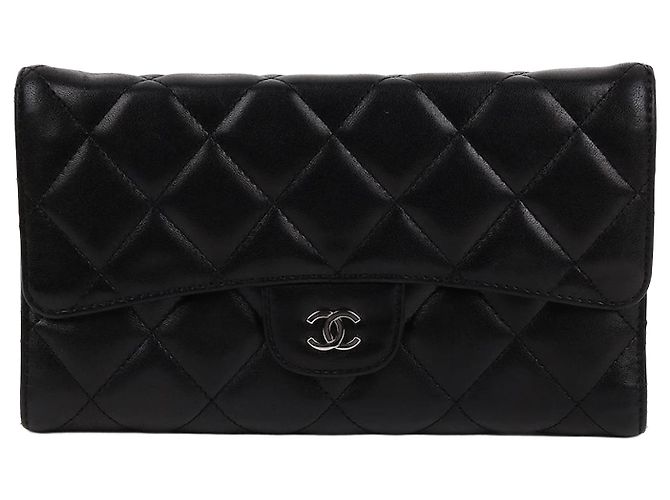 Chanel Classic Silver Hardware Lambskin Flap Long Wallet Black