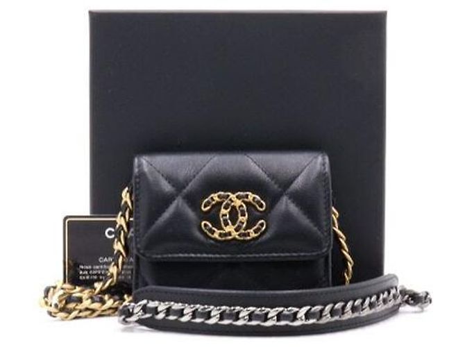 Chanel 19 Bolso bandolera Chanel Flap Mini Card Wallet con cadena Negro