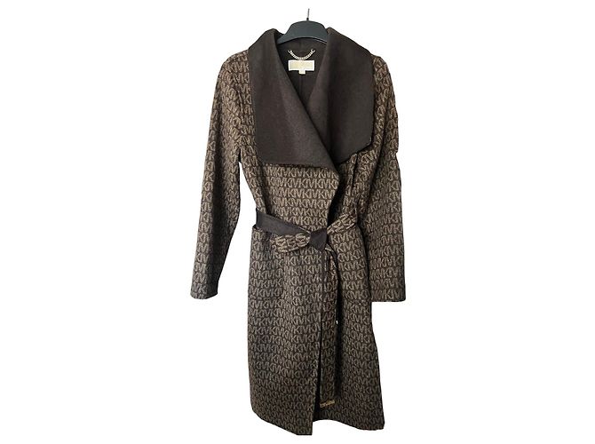 Michael Kors Wool Blend Logo Jacquard Wrap Belted Brown  Coat size L Monogram