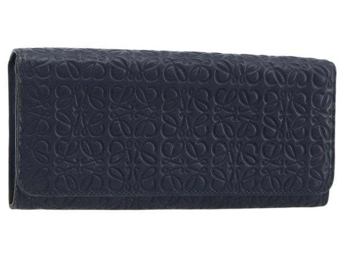 LOEWE Anagram Long Wallet Leather Navy Silver Auth bs36544 Silvery Navy blue