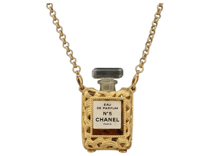 Collana Profumo CHANEL Metallo Tono Oro Trasparente CC Auth 194412