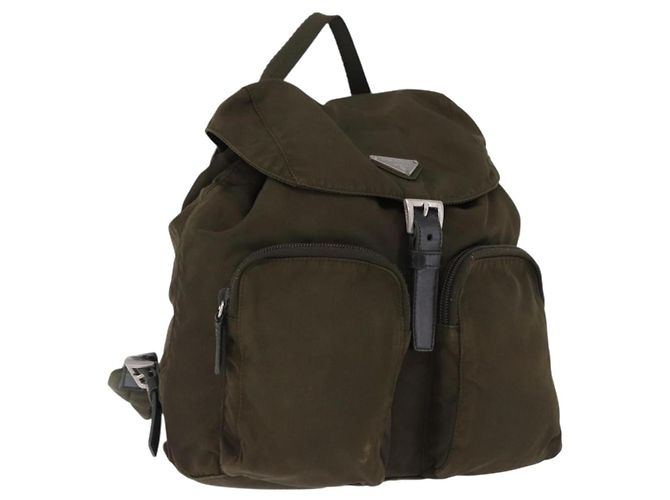 Mochila PRADA Nylon Khaki Silver Auth 194873A Plata Caqui