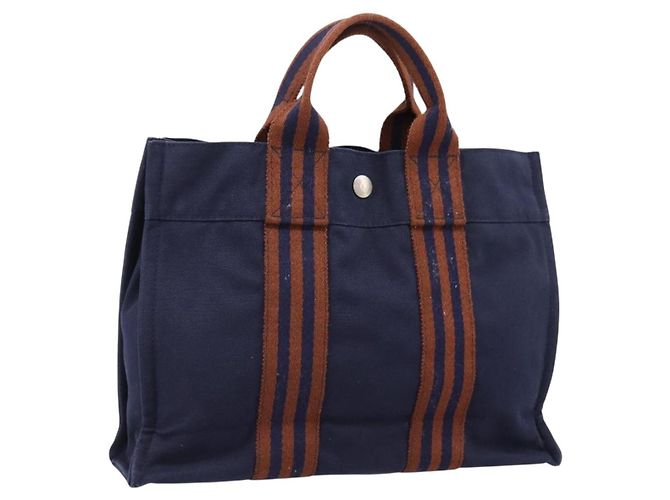 Hermès HERMES Fourre Tout PM Handtasche Canvas Navy Silver Auth 180974 Silber Marineblau
