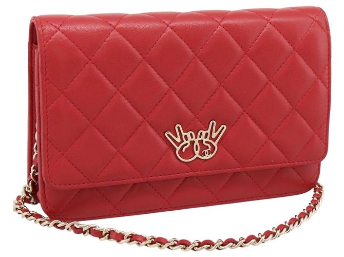 Cartera de cadena CHANEL Matelasse Double Piece en piel de cordero rojo y oro CC Auth 196801SAM