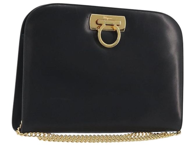 Borsa a tracolla Salvatore Ferragamo Gancini Chain in pelle nera e oro Auth 196249 Nero D'oro
