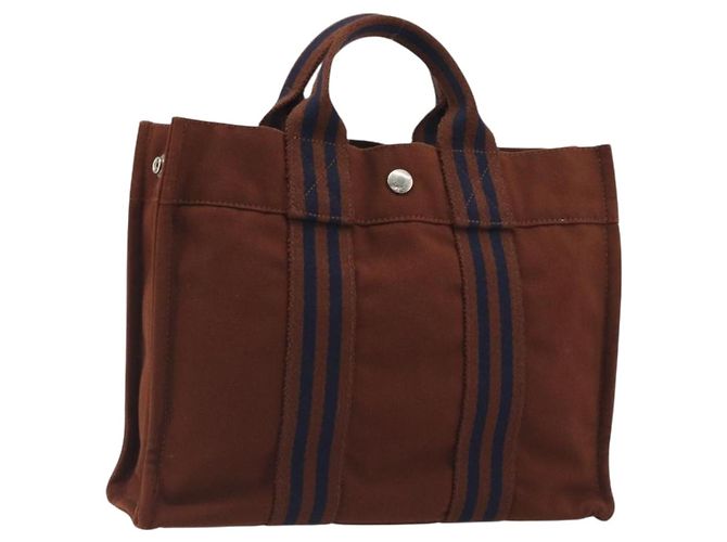 Hermès Bolsa HERMES Fourre Tout PM Canvas Brown Silver Auth 195979A Marrom Prata