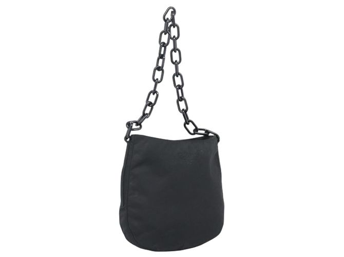 PRADA Chain Shoulder Bag Nylon Black Silver Auth bs36754A Silvery