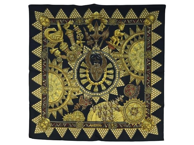 Hermès Foulard HERMES Carre 90 « L'OR DES CHEFS » Seta Nero Auth 195923M
