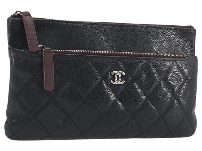 Borsa Clutch CHANEL Pelle Caviar Navy Silver CC Auth bs36769 Argento Blu navy