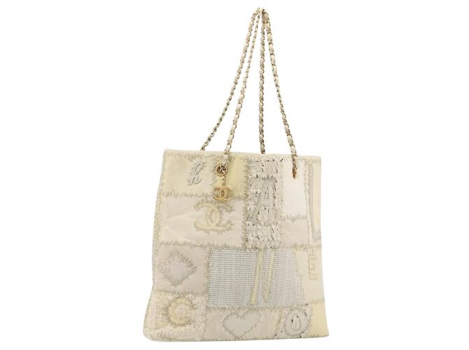 Borsa Tote CHANEL Patchwork Chain Tweed Ivory Gold CC Auth 195106SM D'oro Crudo
