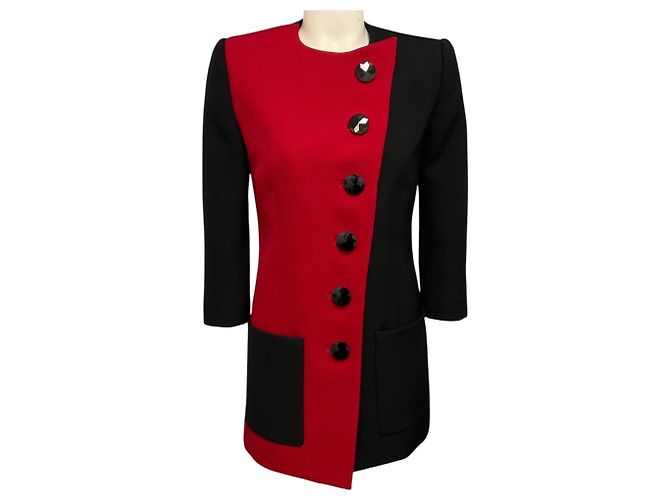 Saint Laurent Noir / Rouge Colorblock Button Front Wool Coat Multiple colors