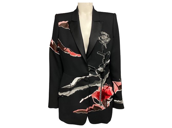 Alexander McQueen Black / Pink / Red Multi Rose Embroidered Blazer Jacket