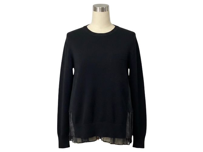Sacai schwarzer Strickpullover aus Wolle mit plissiertem, transparentem Rücken