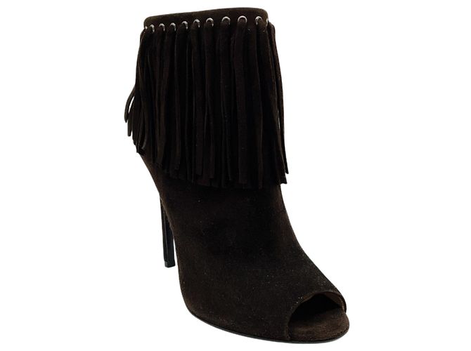 Prada Dark Brown Suede Fringe Peep Toe Booties