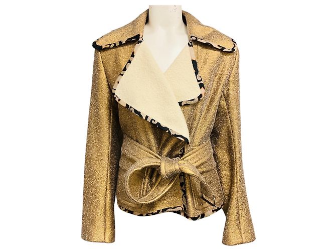Dries Van Noten Gold Metallic Texturierte Jacquard-Jacke mit ecrufarbenem Wollinnenfutter Golden
