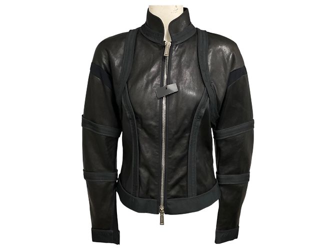 Dsquared2 Black Zip Front Leather Jacket with Fabric Trim