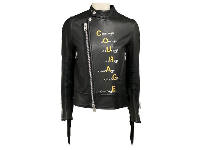 Sacai Black Luck handbemalte Lederjacke mit Fransen Schwarz