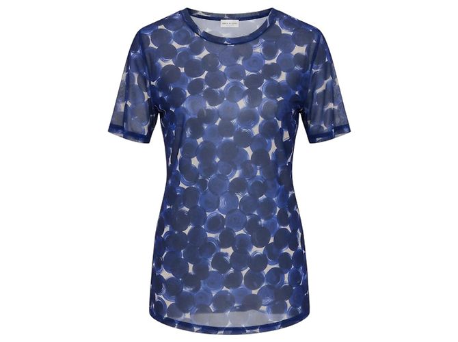 Top de tul mesh transparente de manga corta con estampado de círculos azules Dries Van Noten