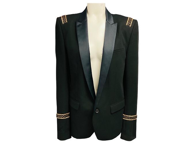 Blazer estilo tuxedo em algodão Balmain preto com corrente dourada