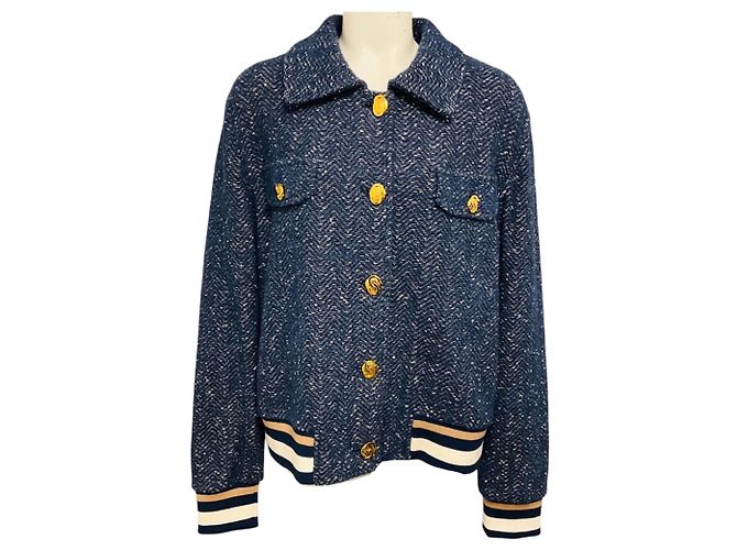 Autre Marque St. John Blue Tweed Bomberjacke mit Goldknöpfen Blau