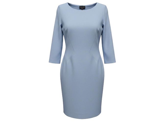 Giorgio Armani hellblaues Stretch-Strick-Etuikleid mit langen Ärmeln