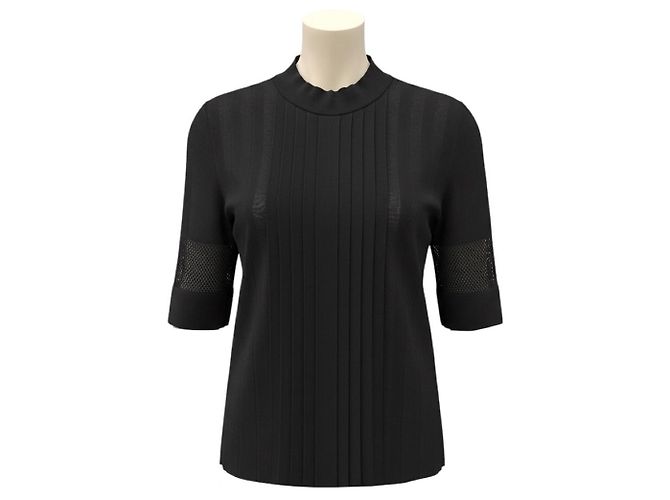 Camisola de malha plissada preta Emilio Pucci com mangas três quartos e detalhes em malha mesh Preto