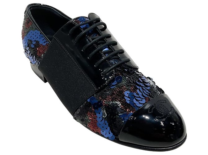 Chanel Black Multi Sequined Stretch Lace Up Oxfords