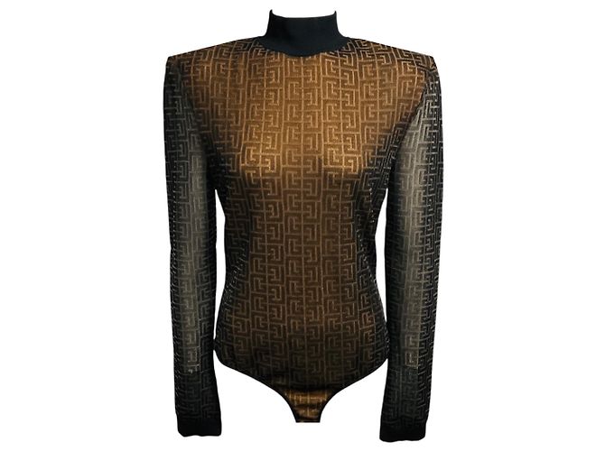 Balmain Black / Nude Monogram Mesh Tulle Bodysuit with Shoulder Pads