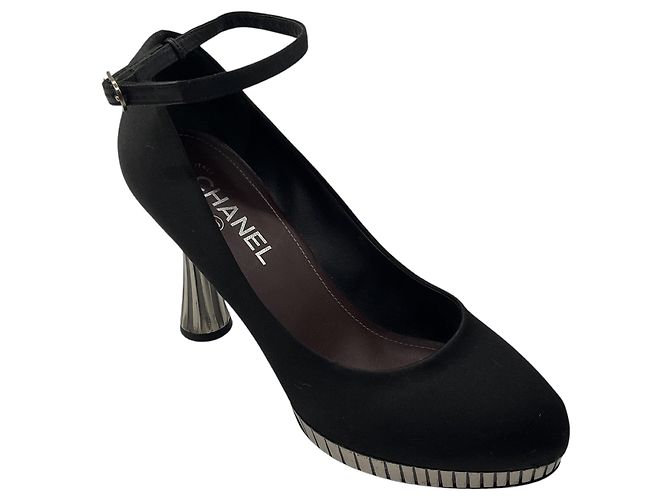 Chanel RARE Black / Silver Disco Mirror Satin Heels with Ankle Strap