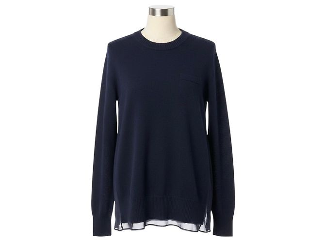 Sacai dunkelblauer Wollstrick-Pullover mit transparentem Chiffon-Rücken Marineblau