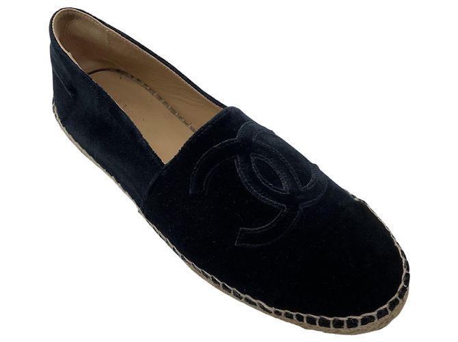 Espadrillas basse in velluto Chanel blu navy / nero con logo CC ricamato