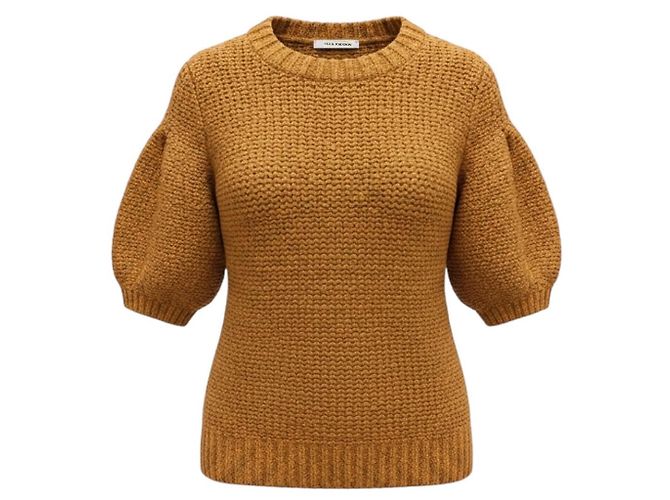 Ulla Johnson Grobstrick-Pullover mit kurzen Ärmeln aus Baumwolle und Lurex, Tan / Gold Metallic Kamel