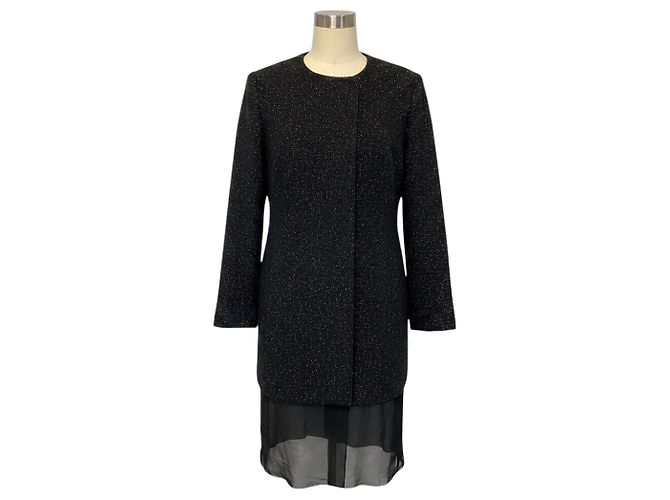 Jil Sander Black Multi Speckled Wool Coat with Sheer Silk Chiffon Hem