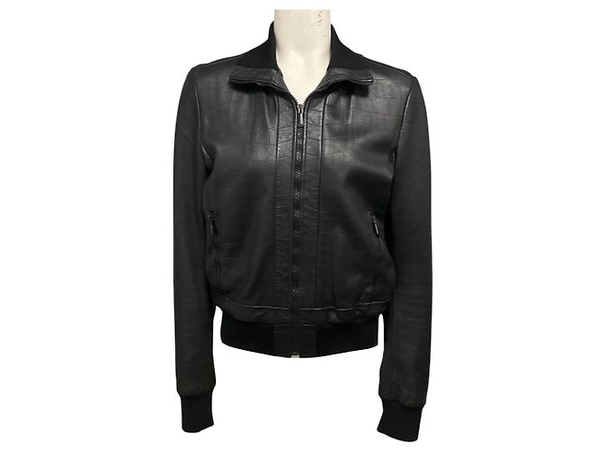 Bottega Veneta Black Embossed Leather Zip Front Bomber Jacket