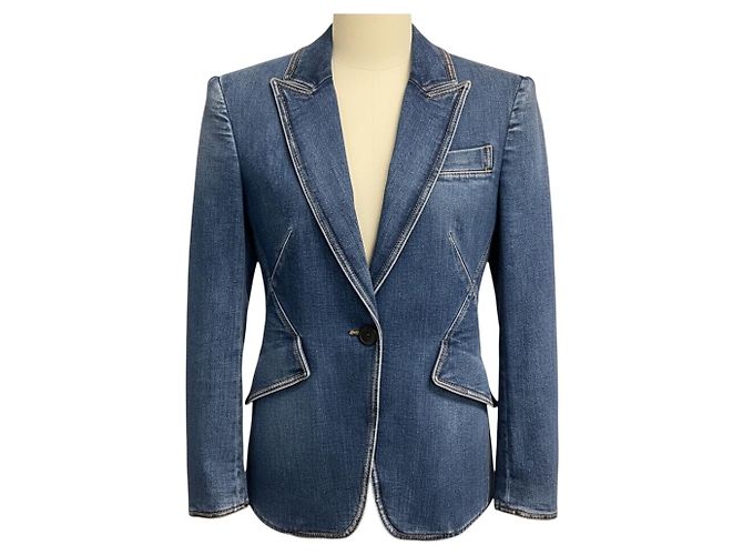 Alexander McQueen Blue Medium Wash Denimjacke mit einem Knopf Blau