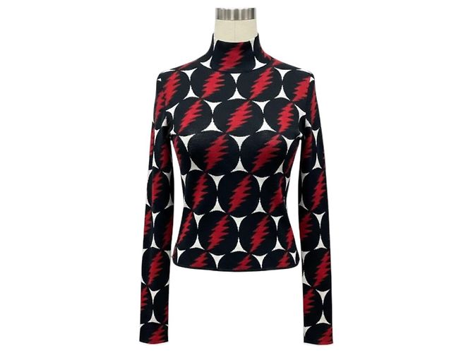 Proenza Schouler Langarm-Pullover aus Seidenstrick mit mehrfarbigem Blitzmuster Schwarz / Weiß / Rot Mehrfarben