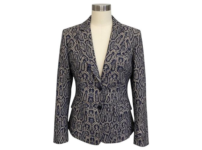 Autre Marque Giacca Blazer a due bottoni in jacquard Ikat Ikram Blu Navy / Avorio