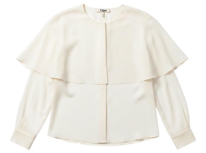 Chloé Chloe Ivory Caped Button Front Silk Chiffon Blouse in Pristine White Beige