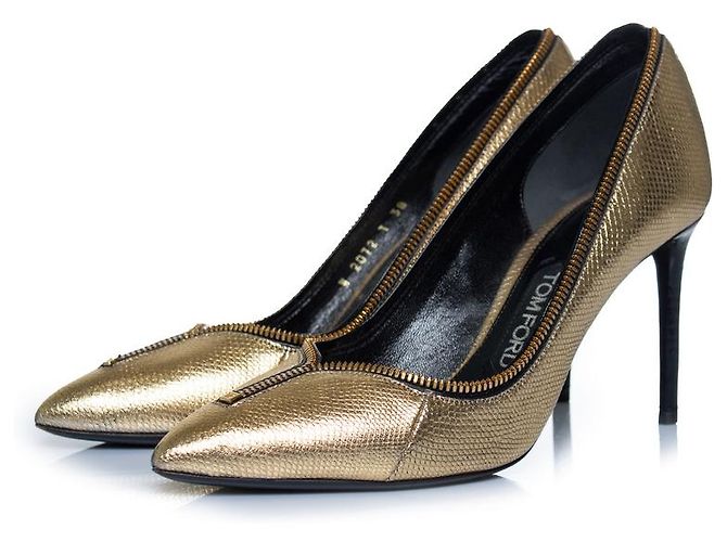 Tom Ford, Python metallic zipper heels in gold Golden