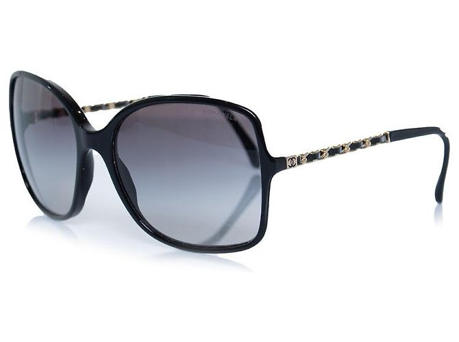 Chanel, square black sunglasses with chain